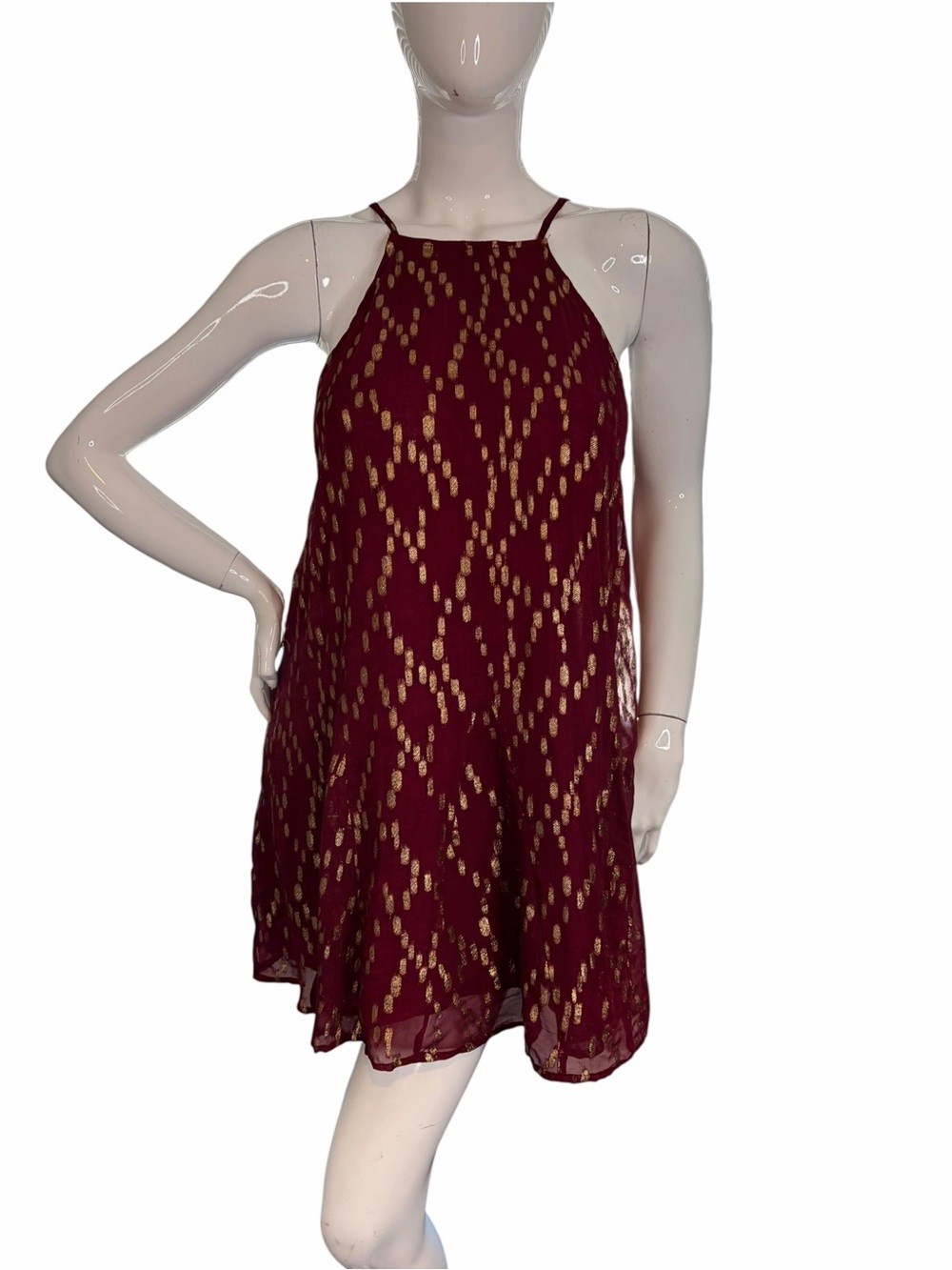 Altar’d State Metallic gold Dot Pattern Burgundy red tank halter top dress Sz L